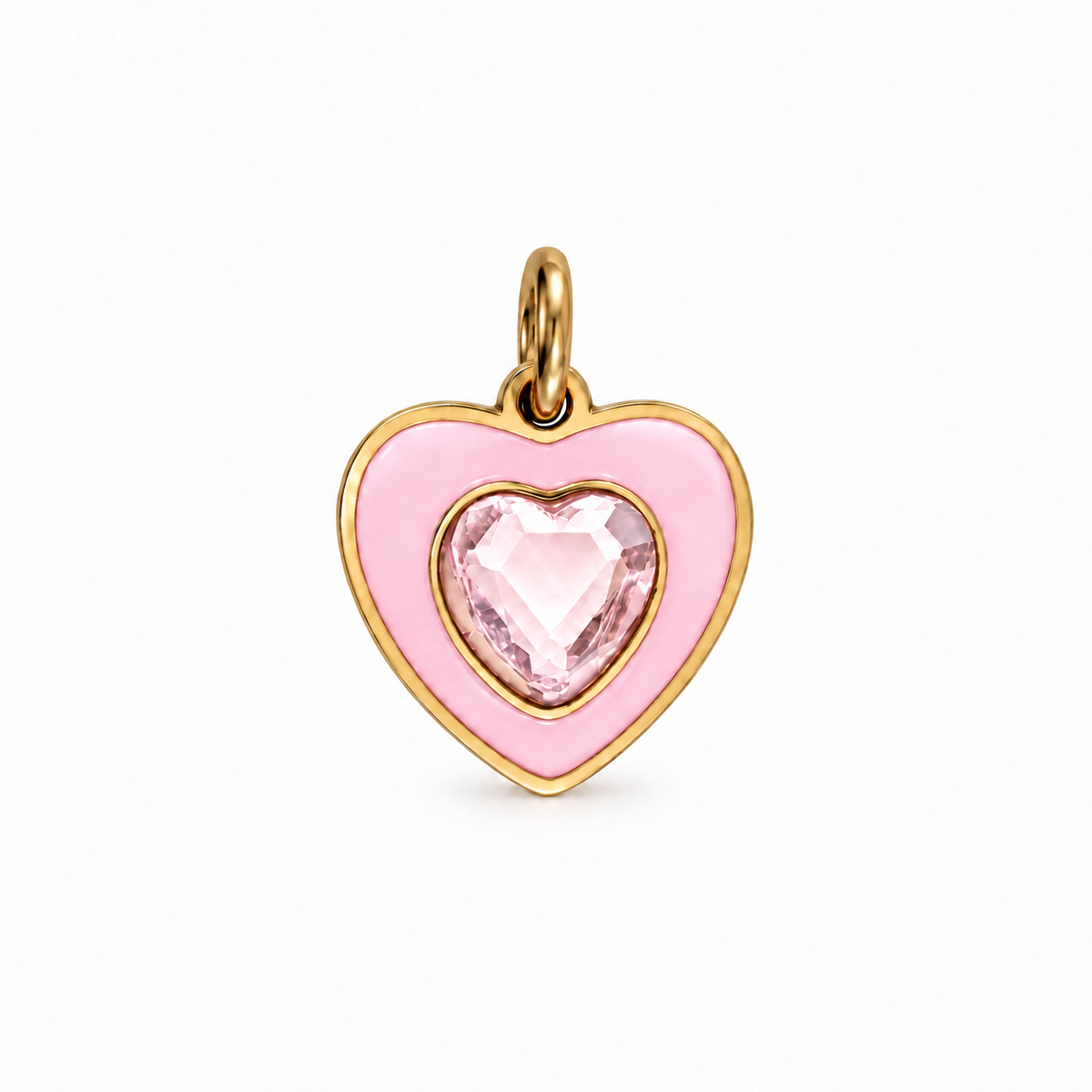Charms coeur rose à strass en acier inoxydable – Moyen